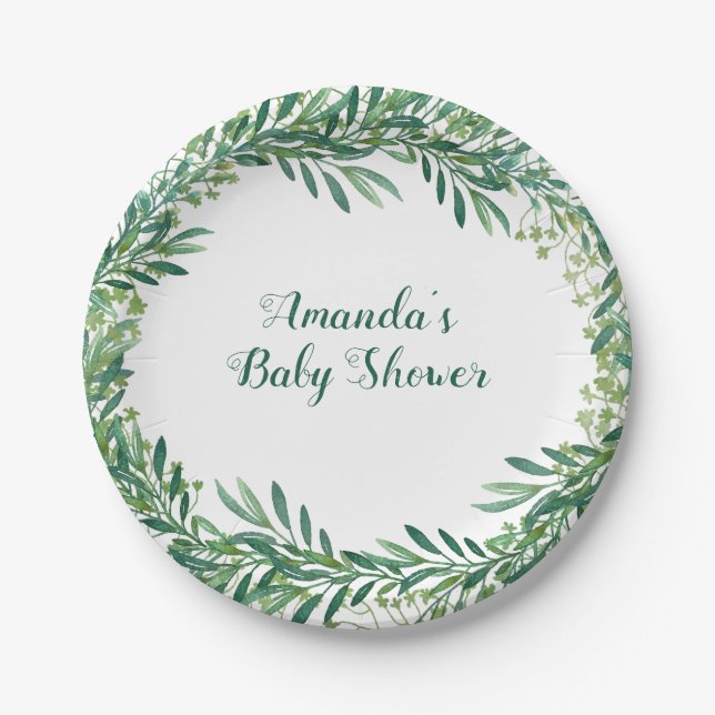 Greenery Leaves Baby Shower Personalised Paper Plate (Front)