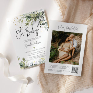 Greenery Leaves Baby Shower Registry QR Code Photo Invitation