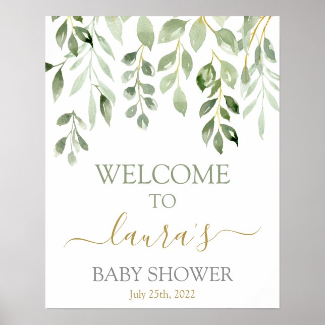 Greenery Leaves Baby Shower Welcome sign (Front)