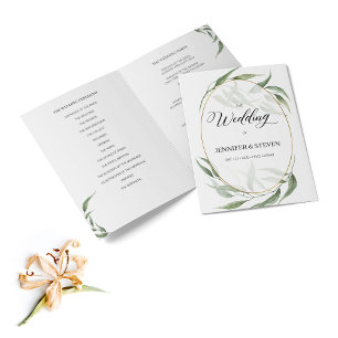 Greenery Leaves Calligraphy Wedding Folded Program Programme