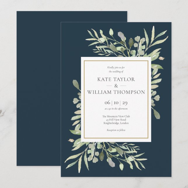 Greenery Leaves Deep Sea Blue Gold Wedding Invitation (Front/Back)