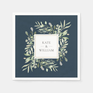 Greenery Leaves Deep Sea Blue Gold Wedding Napkin