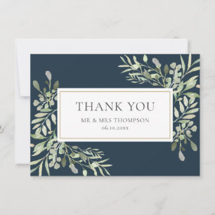 Greenery Leaves Deep Sea Blue Wedding Thank You Card
