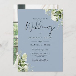 Greenery Leaves Dusty Blue Elegant Photo Wedding Invitation