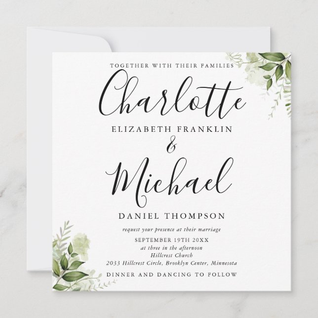 Greenery Leaves Elegant Script All In One Wedding Invitation (Front)