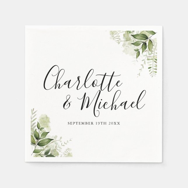 Greenery Leaves Elegant Signature Script Napkin (Front)