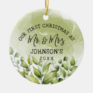 Greenery Leaves First Christmas as Mr. and Mrs. Ceramic Tree Decoration