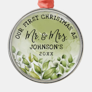 Greenery Leaves First Christmas as Mr. and Mrs. Metal Tree Decoration