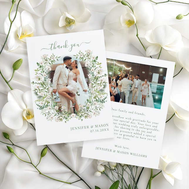 Greenery leaves floral wreath boho Wedding Photo Thank You Card (Creator Uploaded)