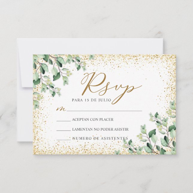 Greenery Leaves Gold Nuestra Boda Wedding RSVP Invitation (Front)