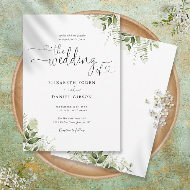 Greenery Leaves Hearts Script Calligraphy Wedding Invitation (Creator Uploaded)
