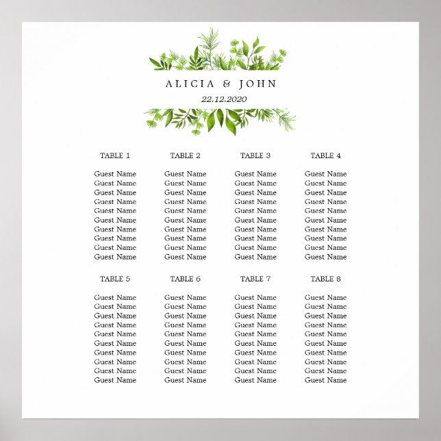 Greenery Leaves Minimal Wedding Seating Chart (Front)
