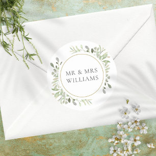 Greenery Leaves MR & MRS Wedding Favour Classic Round Sticker
