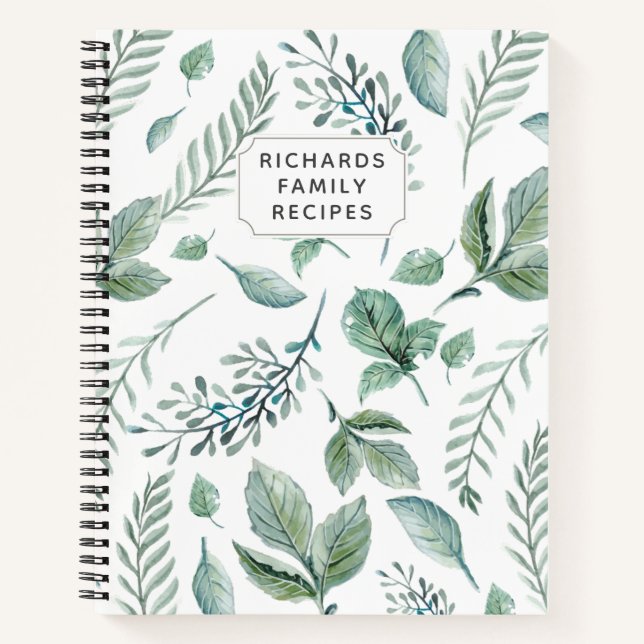 Greenery Leaves Pattern Cookbook Family Recipe Notebook (Front)