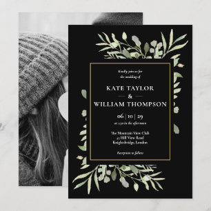 Greenery Leaves Photo Black Wedding Invitation