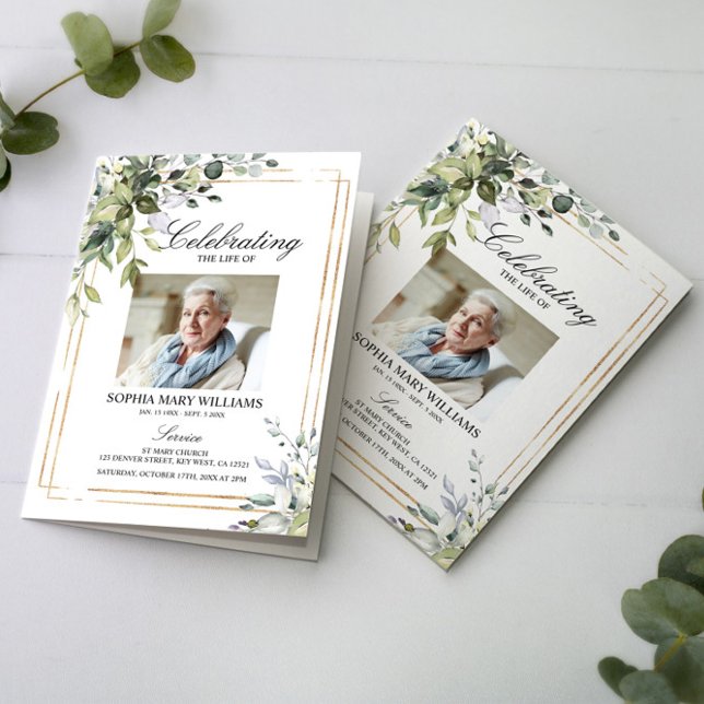 Greenery Leaves Photo Memorial Funeral Programs Card (Creator Uploaded)