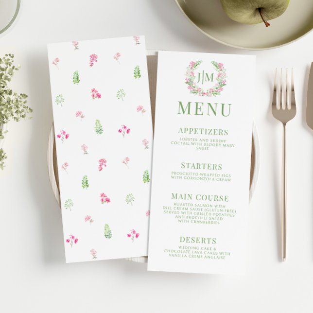Greenery Leaves Pink Flowers Monogram Wedding Menu (Creator Uploaded)