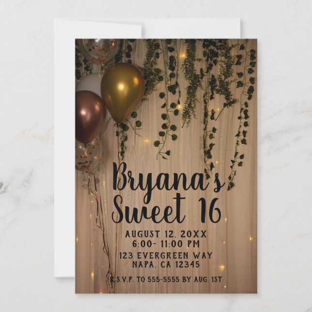 Greenery Leaves Rose Gold Lights Rustic Sweet 16 Invitation (Front)