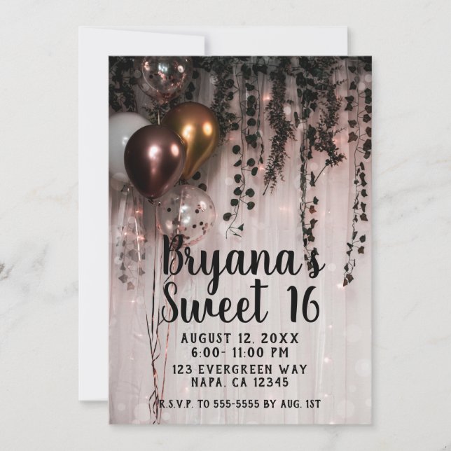 Greenery Leaves Rose Gold Lights Rustic Sweet 16 Invitation (Front)