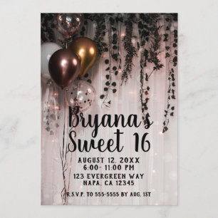 Greenery Leaves Rose Gold Lights Rustic Sweet 16 Invitation