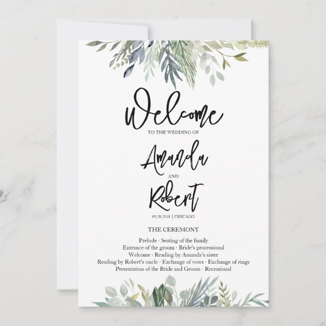 Greenery Leaves Wedding Ceremony Program Invitation (Front)