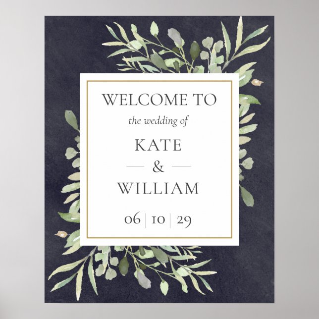 Greenery Leaves Wedding Chalkboard Welcome Sign (Front)