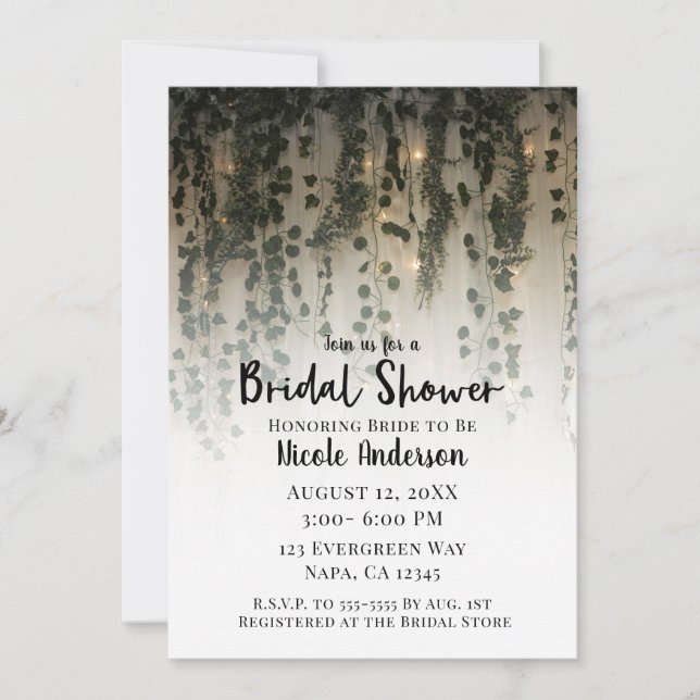 Greenery Leaves White Lights Rustic Bridal Shower Invitation (Front)