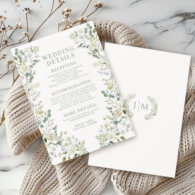 Greenery Leaves White Roses Wedding Details Cards (Creator Uploaded)