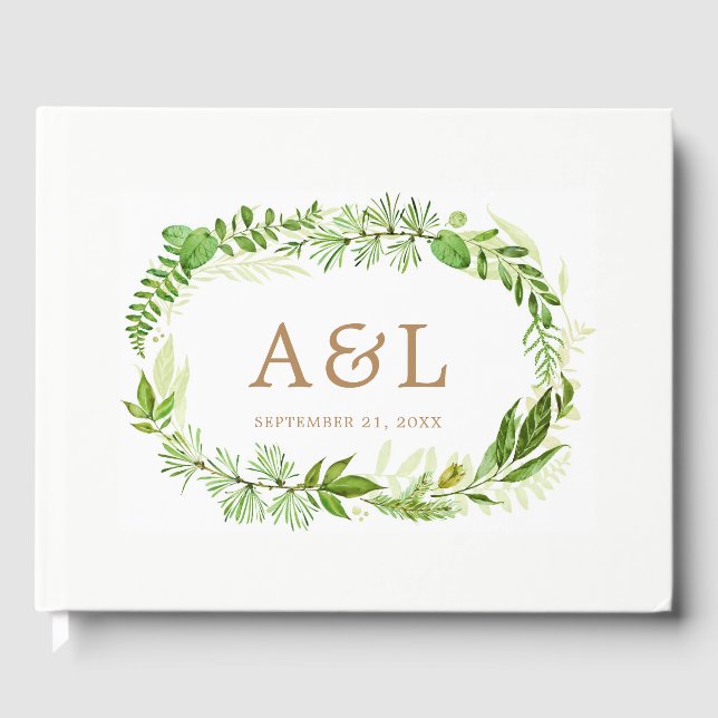 Greenery Leaves Wreath Rustic Wedding Guest Book (Front)