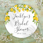 Greenery Lemon Blossom Bridal Shower Classic Round Sticker<br><div class="desc">Featuring lemons and blossom with greenery leaves. This elegant bridal shower sticker can be personalised with your special event details in beautiful script typography. Designed by Thisisnotme©</div>