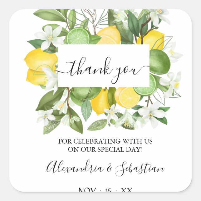 Greenery Lemony Wedding Thank You Square Sticker (Front)