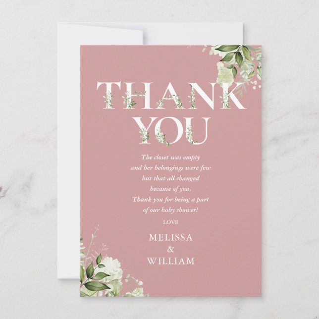Greenery Letter Dusty Rose Baby Shower Poem Thank You Card (Front)