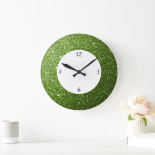 Greenery Light Green glitter sparkles with numbers Large Clock