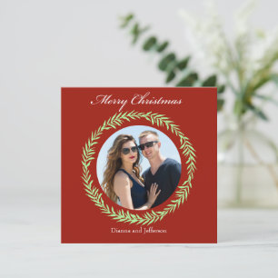 Greenery Light Green Leaf Wreath encloses photo Holiday Card