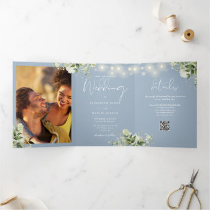 Greenery Lights 2 Photo QR Code Dusty Blue Wedding Tri-Fold Invitation