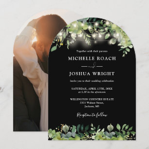Greenery Lights Arch Black And White Photo Wedding Invitation