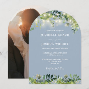 Greenery Lights Arch Dusty Blue Photo Wedding Invitation