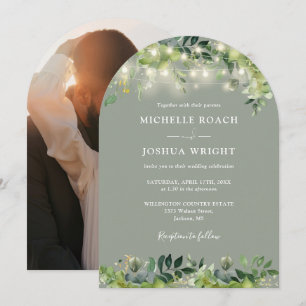 Greenery Lights Arch Sage Green Photo Wedding Invitation