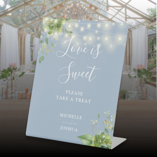 Greenery Lights Dusty Blue Love Is Sweet Favours Pedestal Sign (Greenery Lights Dusty Blue Love Is Sweet Favors Pedestal Sign)