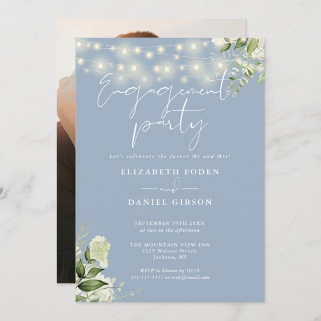 Greenery Lights Dusty Blue Photo Engagement Party Invitation (Front/Back)