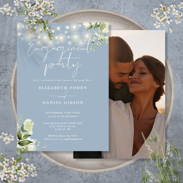 Greenery Lights Dusty Blue Photo Engagement Party Invitation (Greenery Lights Dusty Blue Photo Engagement Party Invitation)