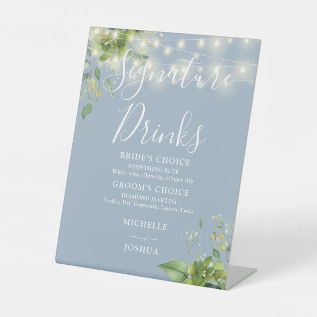 Greenery Lights Dusty Blue Signature Drinks Pedestal Sign (Front)