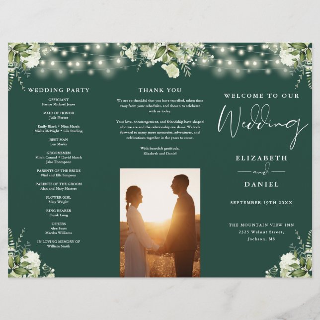 Greenery Lights Emerald Trifold Wedding Program Flyer (Front)