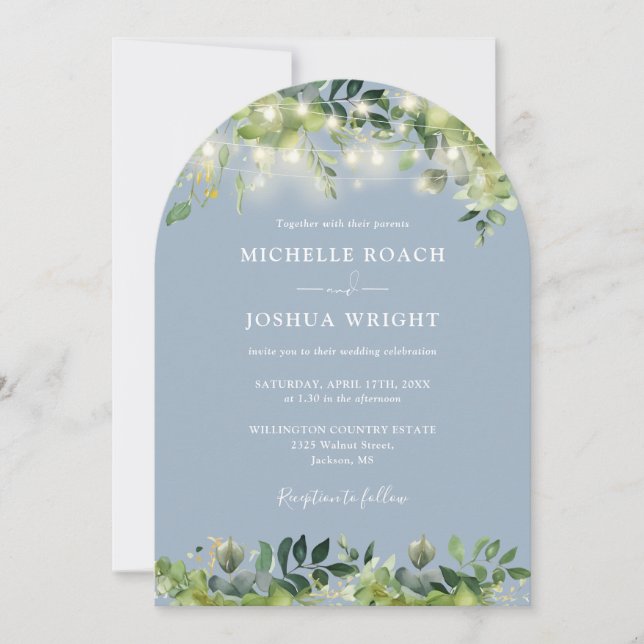 Greenery Lights Monogram Dusty Blue Wedding Invitation (Front)