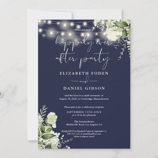 Greenery Lights Navy Happily Ever After Wedding Invitation (Front)