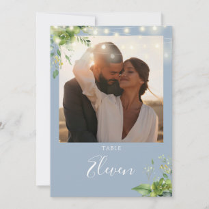 Greenery Lights Photo Dusty Blue Table Number