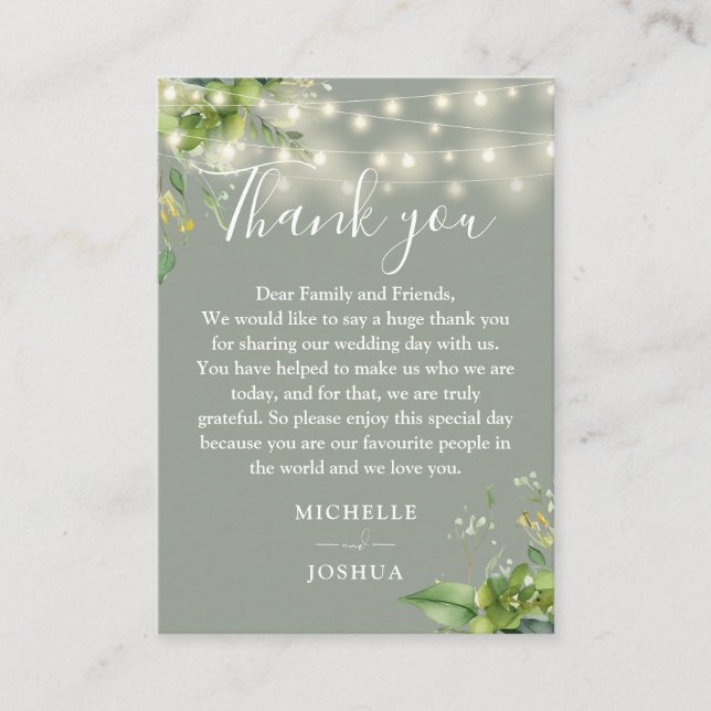 Greenery Lights Sage Green Wedding Thank You Place Card (Front)