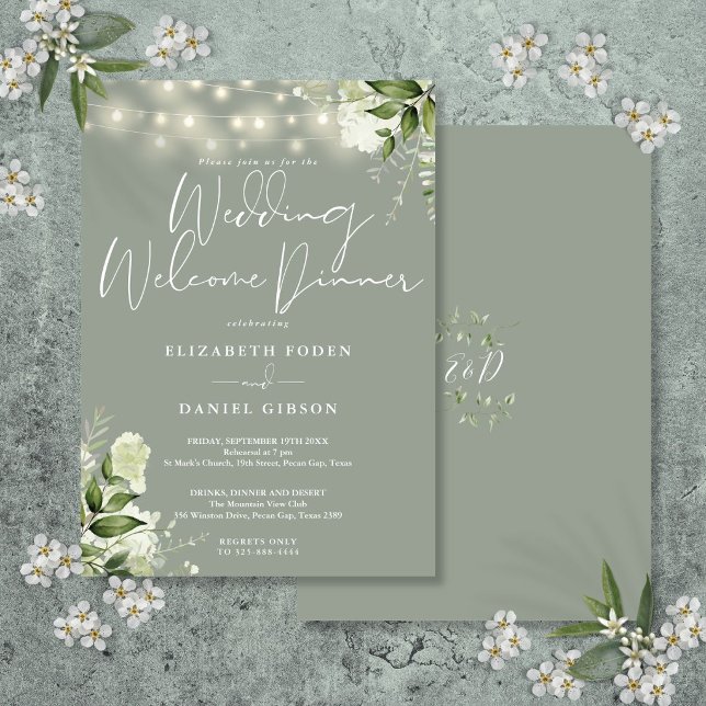 Greenery Lights Sage Green Wedding Welcome Dinner Invitation (Greenery Lights Sage Green Wedding Welcome Dinner Invitation)
