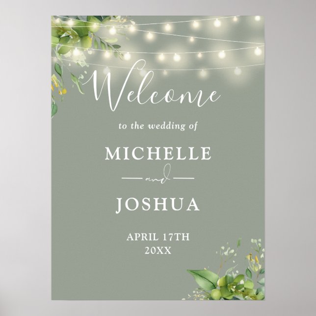 Greenery Lights Sage Green Wedding Welcome Sign (Front)