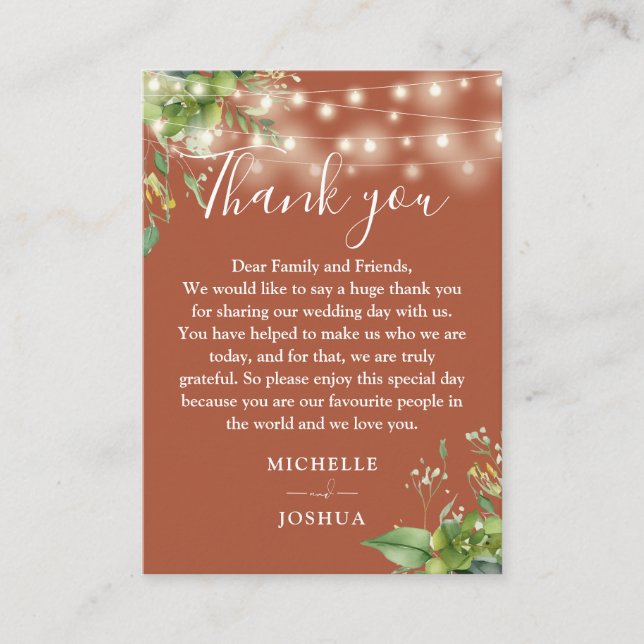 Greenery Lights Terracotta Wedding Thank You Place Card (Front)